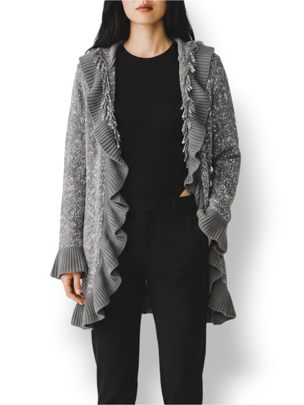 4/$20 Sisters XL Gray Silver Ruffle Open Front Long Cardigan Sweater